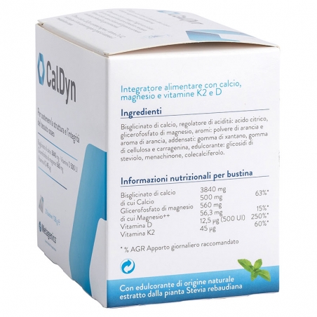 immagine della confezione integratore Caldyn, 21 bustine Metagenics, vista laterale, ingredienti e informazioni nutrizionali per immagine della confezione integratore Caldyn, 21 bustine Metagenics, vista laterale, ingredienti e informazioni nutrizionali per